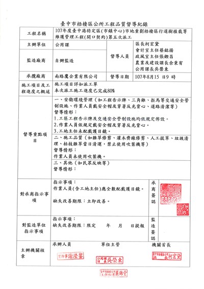 107年度臺中港特定區(市鎮中心)市地重劃梧棲區行道樹植栽等維護管理工程(開口契約)工程品質督導紀錄